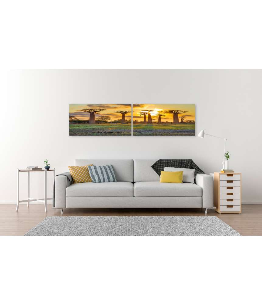 Islandburner Bild auf Leinwand Atemberaubender Sonnenuntergang zwischen Baobabs in Madagaskar Im Verkauf