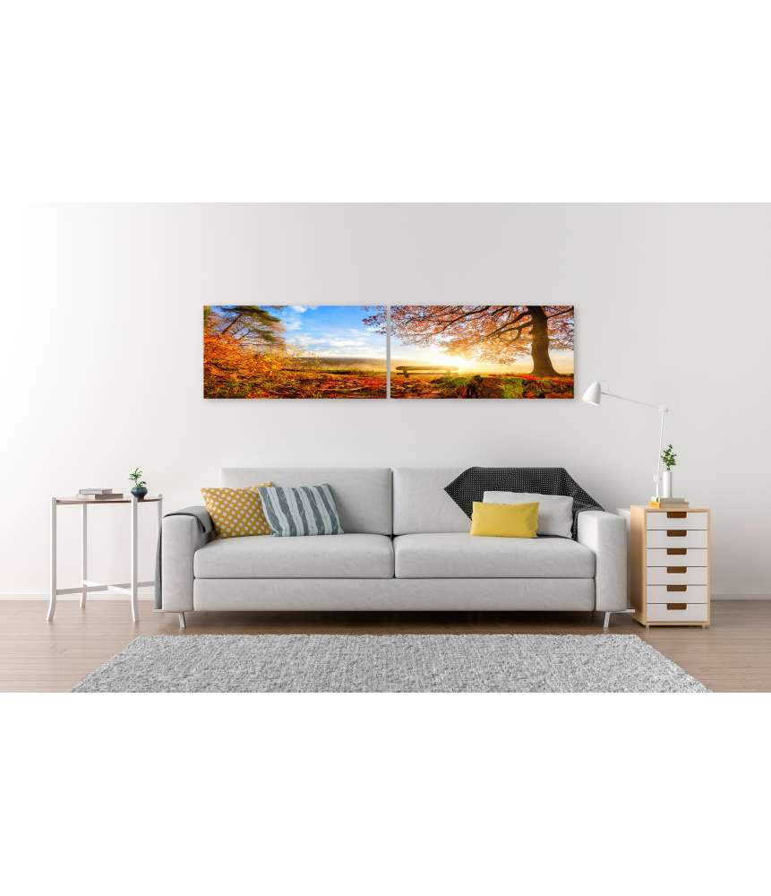 Islandburner Bild auf Leinwand Sonnendurchflutete Herbstlandschaft mit einer Bank unter einem Baum 50% Rabatt für begrenzte Zeit