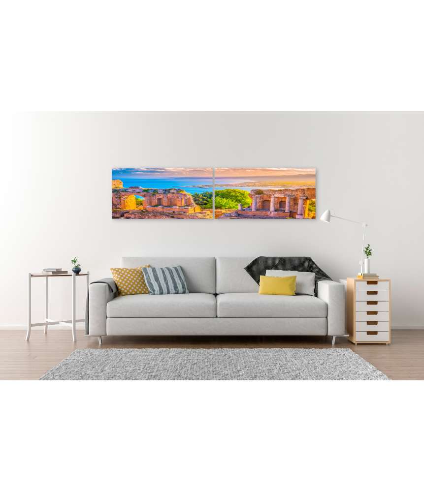 Islandburner Bild auf Leinwand Schönes Reisefoto von Taormina-Theaterruinen bei Sonnenuntergang Verkauf