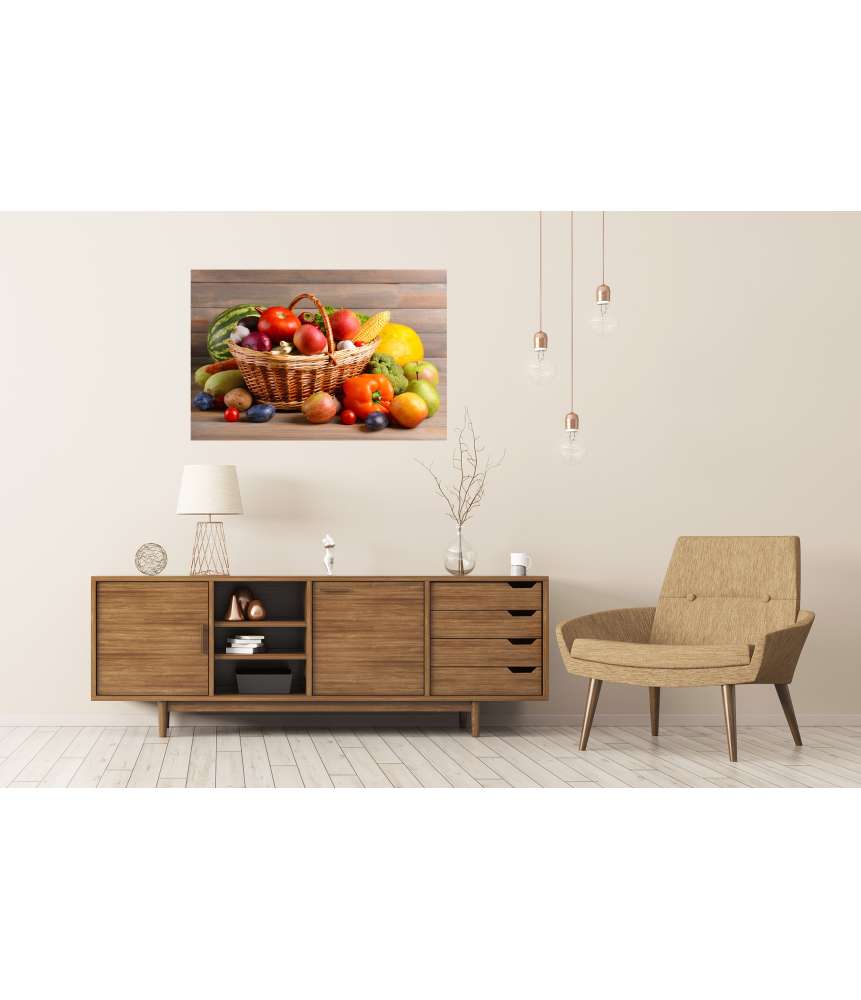 Islandburner Premium Poster Bio-Obst und -Gemüse im Korb auf rustikalem Holzuntergrund Osterangebot