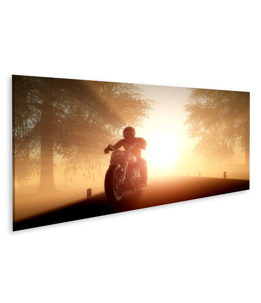 Islandburner Bild auf Leinwand Motorradfahrer auf idyllischer Landstraße im goldenen Sonnenlicht Blitzangebot