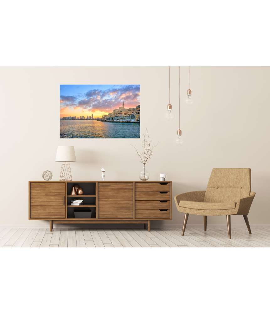 Islandburner Premium Poster Sonnenbeleuchtete Altstadt Jaffa und moderne Skyline von Tel Aviv Sonderangebote