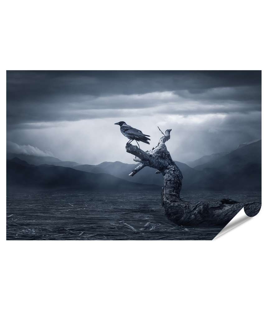 Islandburner Premium Poster Gothic Szenerie: Schwarzer Rabe sitzt im Mondlicht auf einem Baum Super Sparpreis
