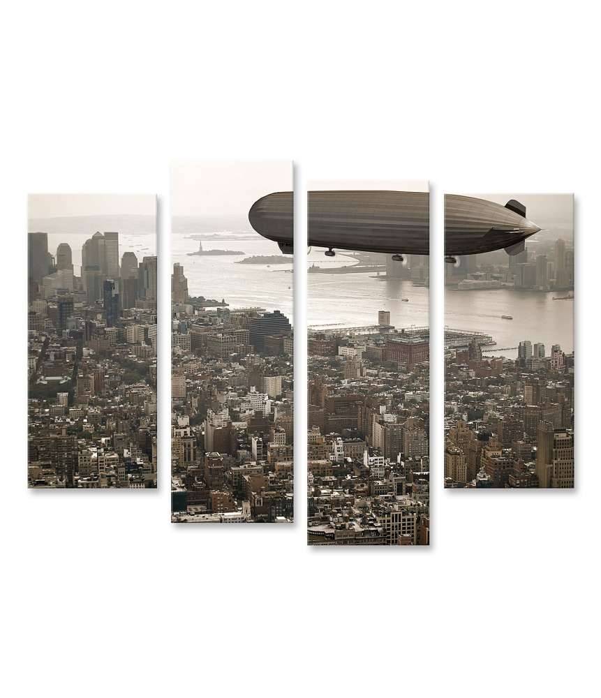 Islandburner Bild auf Leinwand Vintage-Stil Wandbild: Zeppelin schwebt über Manhattan Vierteljährliche Förderung