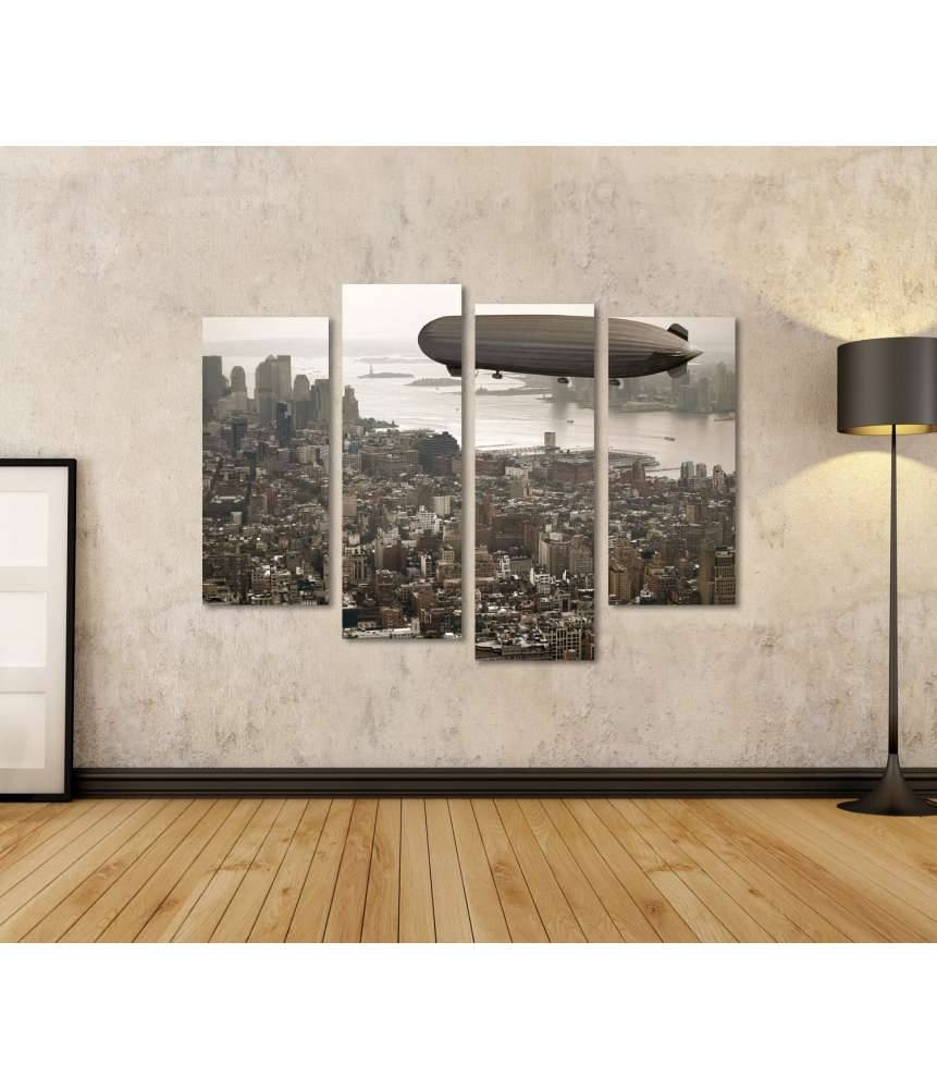 Islandburner Bild auf Leinwand Vintage-Stil Wandbild: Zeppelin schwebt über Manhattan Vierteljährliche Förderung