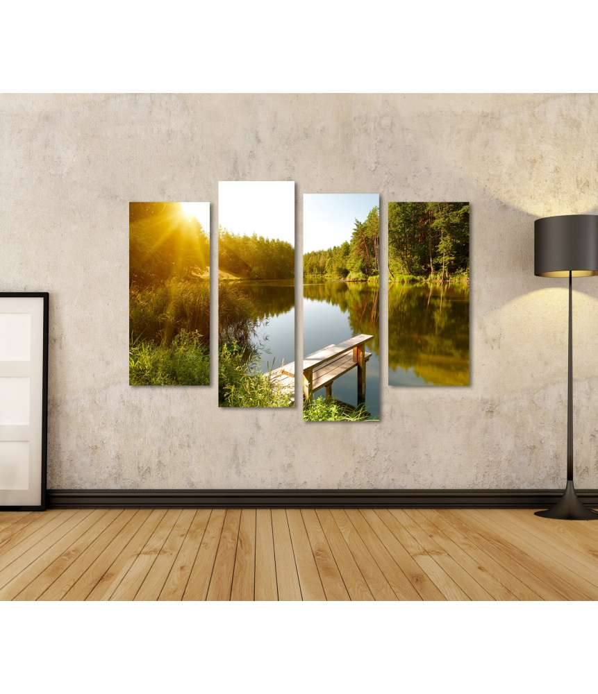 Islandburner Bild auf Leinwand Idyllische Sommerlandschaft mit Waldsee unter strahlendem Sonnenschein Kostenloser Versand international