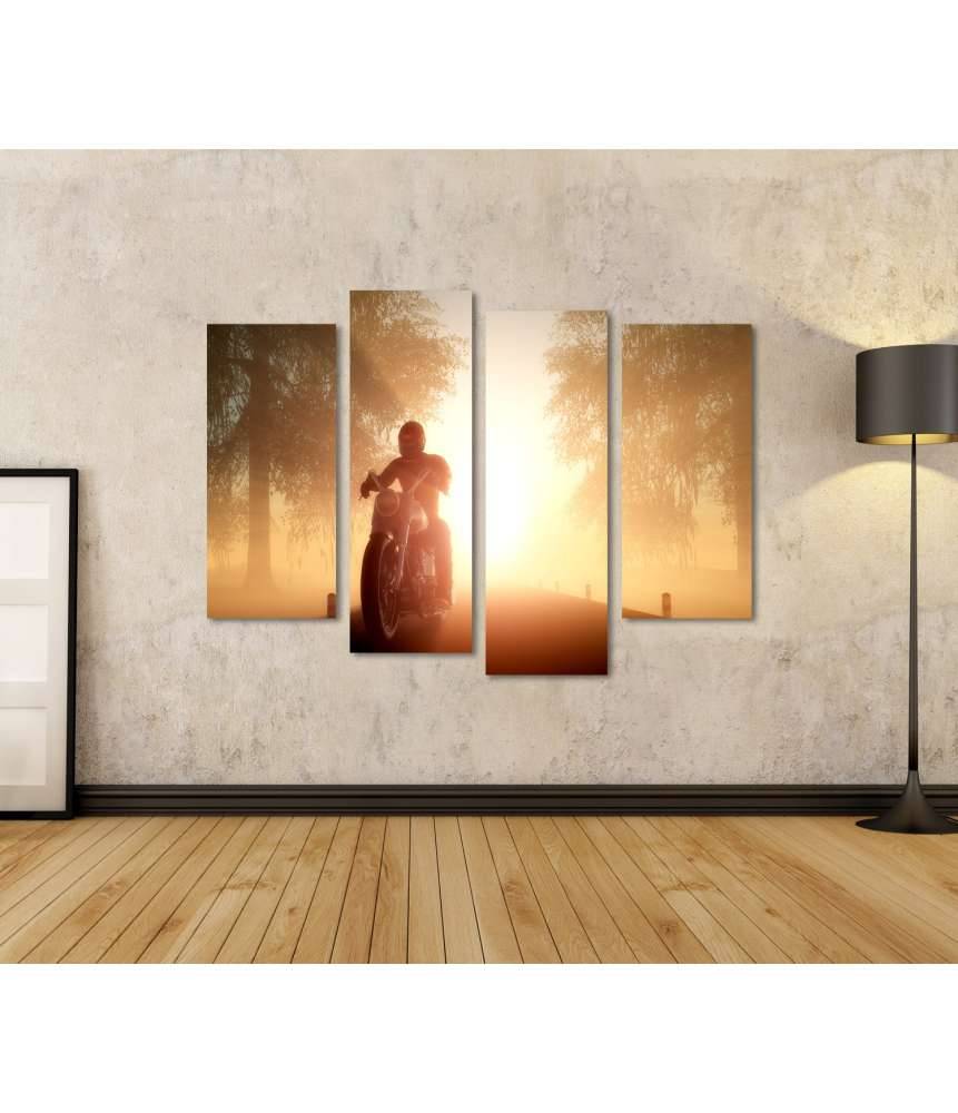 Islandburner Bild auf Leinwand Motorradfahrer auf idyllischer Landstraße im goldenen Sonnenlicht Fabrikladen