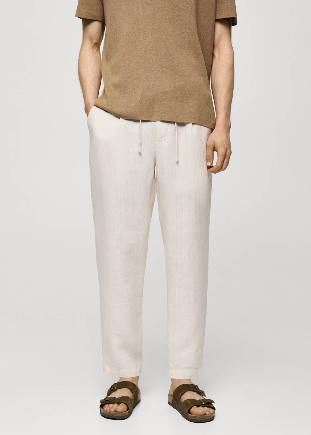 Mango Gestreifte Hose aus 100 % Leinen mit Kordel Fabrikpreis