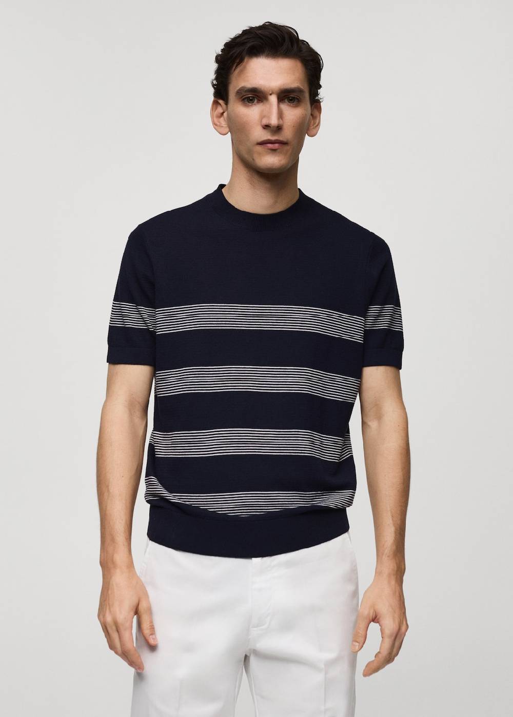 Mango Gestreiftes Strick-T-Shirt aus Baumwolle mit Modal Heißer Verkauf