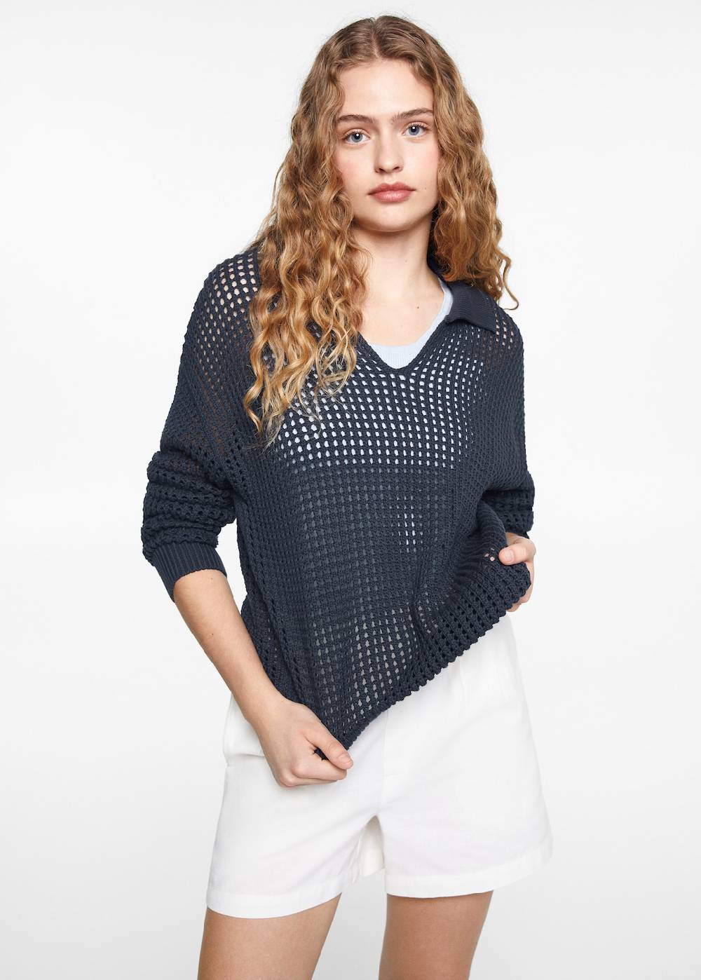 Mango Lochstrickpullover mit Polo-Kragen