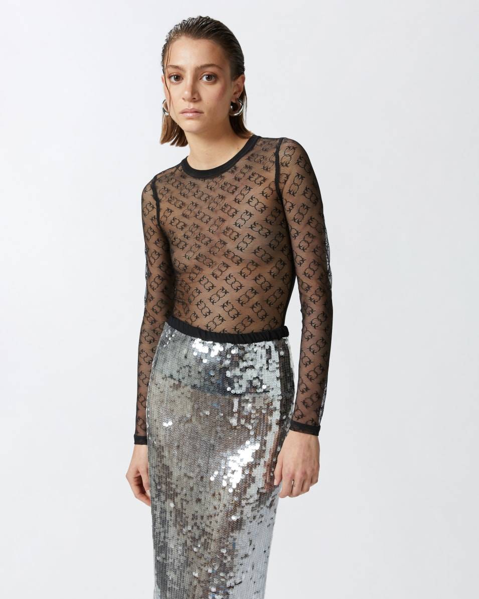 Pinko Langarm-Shirt aus transparenter Spitze Monogram Super Sparpreis