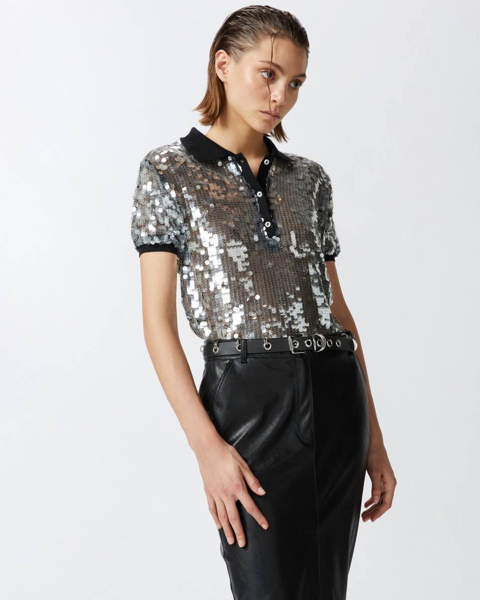 Pinko Halbtransparentes Pailletten-Poloshirt Letzte 3 Tage