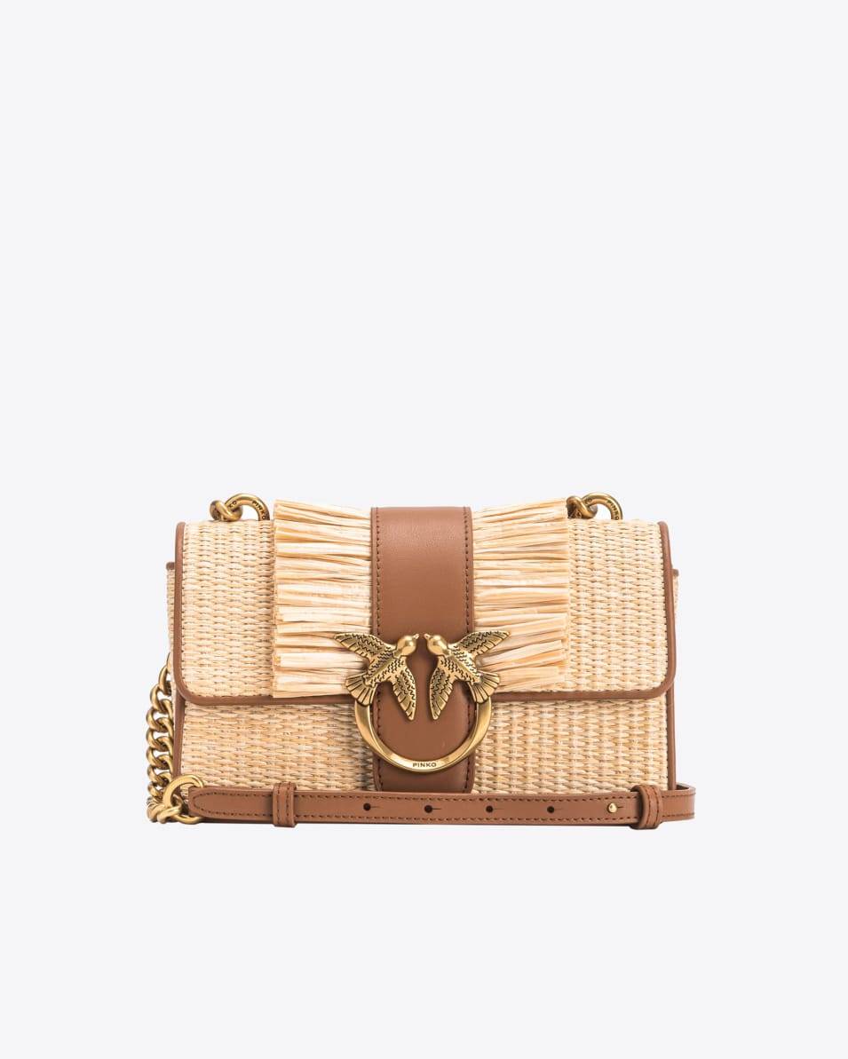 Pinko Mini Love Bag Light aus Bast und Leder mit Fransen Outlet