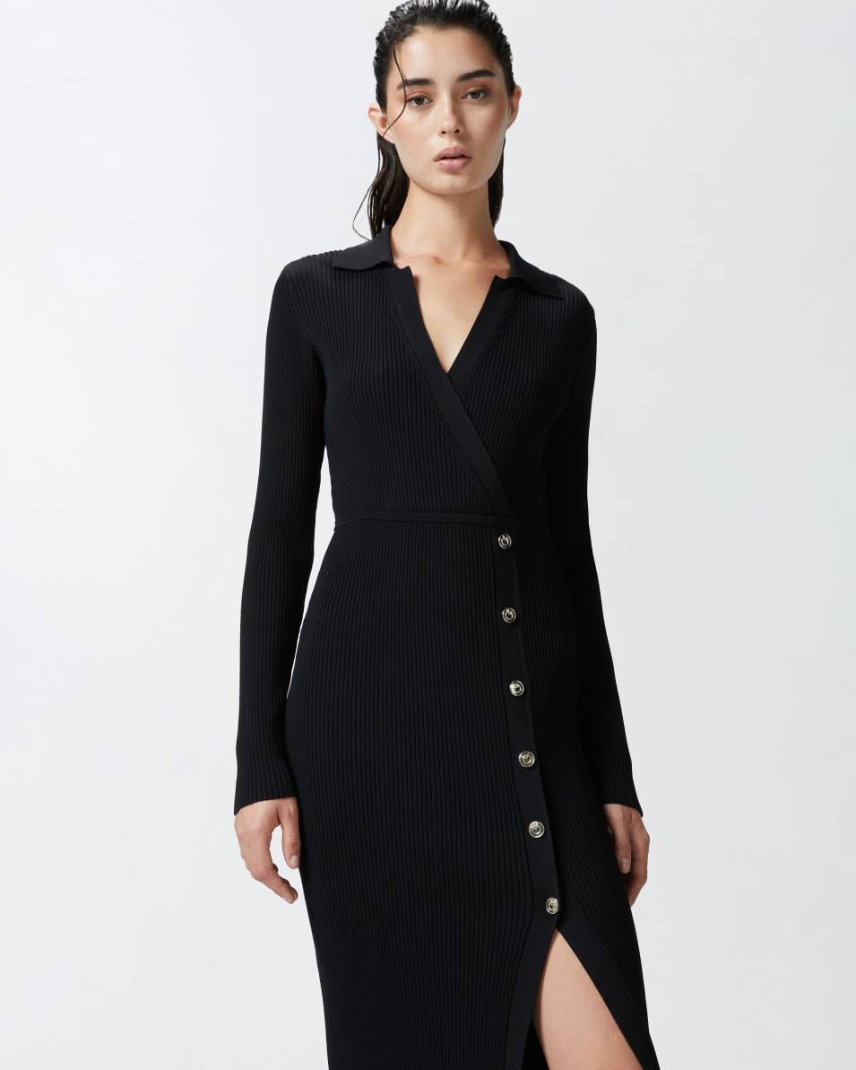 Pinko Langes Rippstrickkleid mit goldenen Knöpfen Black Friday