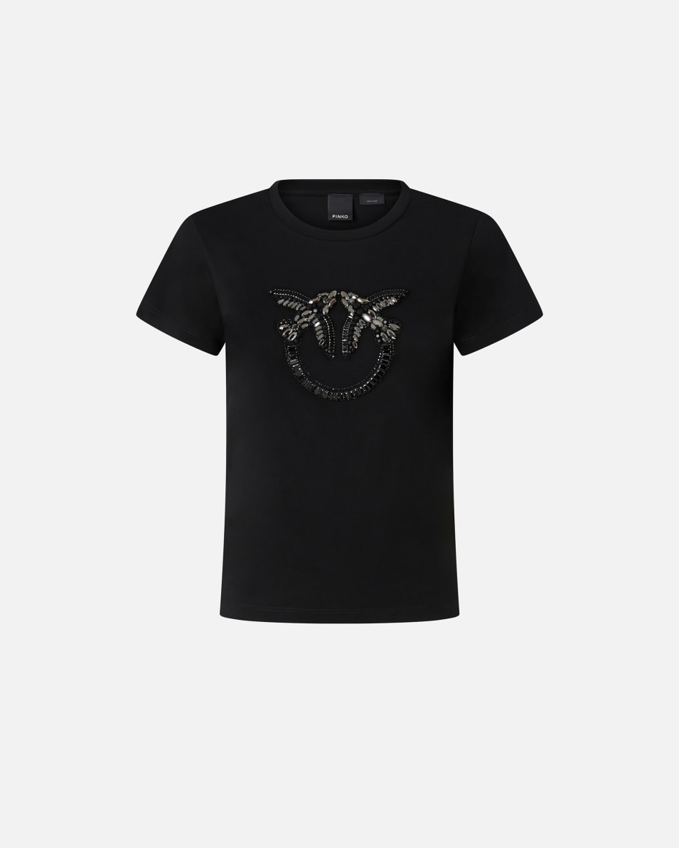 Pinko T-Shirt mit Logo-Stickerei Love Birds mit Kristallen Heißer Verkauf