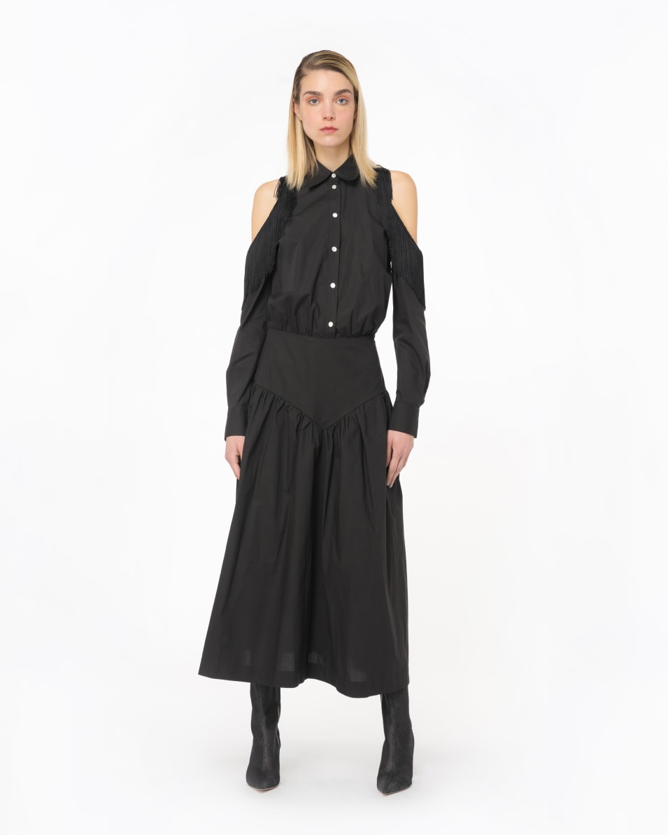 Pinko Schulterfreies Hemdblusenkleid mit Fransen Sonderangebot der Fabrik