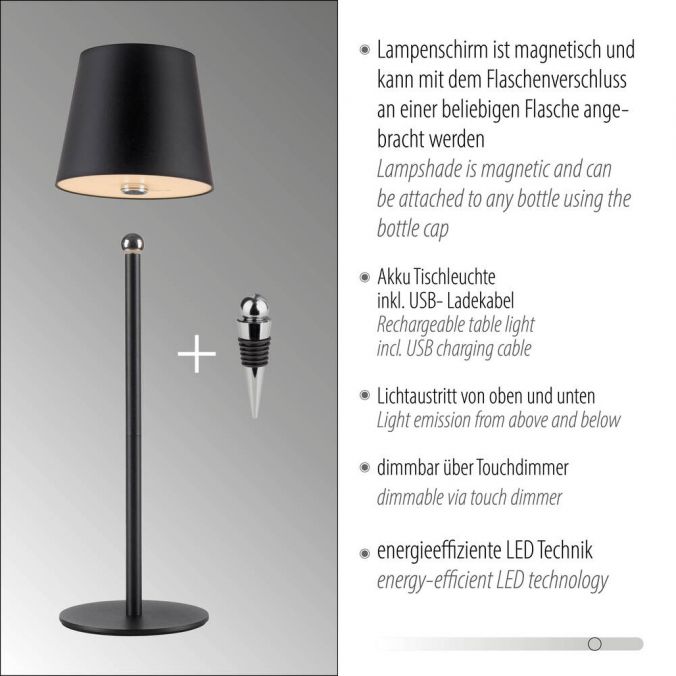 Paul Neuhaus LED Flaschenleuchte schwarz Akku Touchdimmer USB IP54 Tischleuchte Fabrikladen