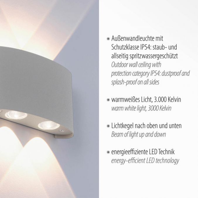 Paul Neuhaus LED-Wandleuchte, Außenleuchte, silber, halbrund, 4flg, warmweiß, Up+Down, IP54 Preisnachlass