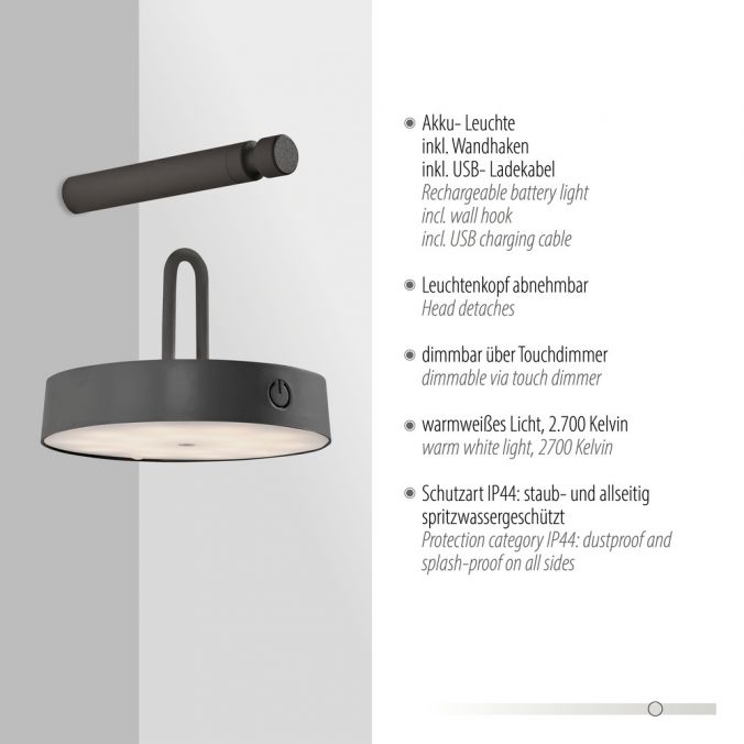 Paul Neuhaus LED Akku Wandleuchte schwarz dimmbar per Touch IP44 Memoryfunktion Jubiläumsangebot