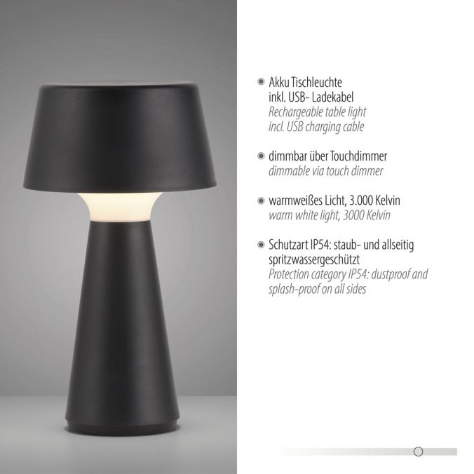 Paul Neuhaus LED Akkuleuchte Tischleuchte schwarz Touchdimmer IP54 USB Innen-Außenbereich Blitzverkäufe