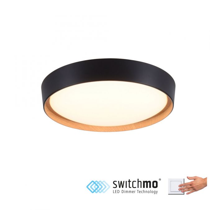 Paul Neuhaus LED Deckenleuchte, rund, schwarz, dimmbar, Holzoptik, warmweiß, Deckenlampe