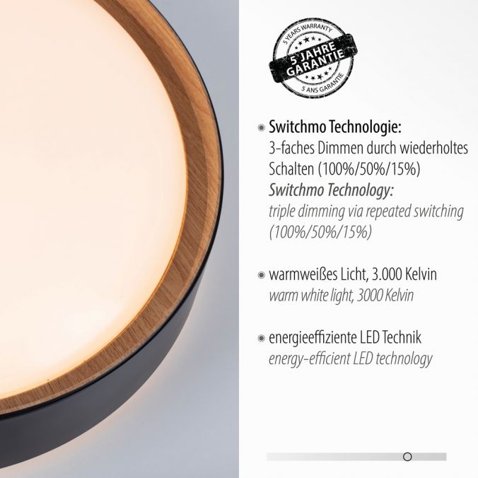 Paul Neuhaus LED Deckenleuchte, rund, schwarz, dimmbar, Holzoptik, warmweiß, Deckenlampe Black Friday
