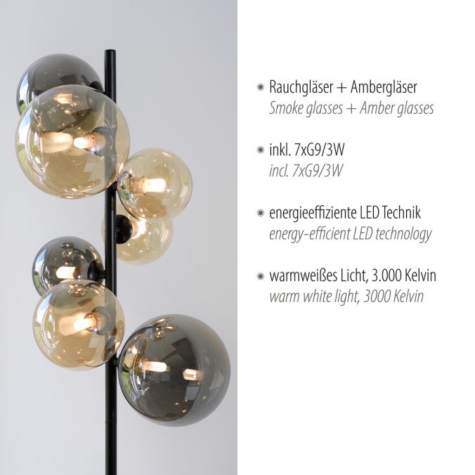 Paul Neuhaus LED Stehleuchte schwarz rund Fußschalter Rauchgläser Ambergläser Osterangebot
