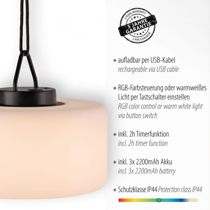 Paul Neuhaus LED-Pendelleuchte, IP44, Akkuleuchte, RGB+W, Tastschalter, inkl. USB-Kabel Letzter Tag