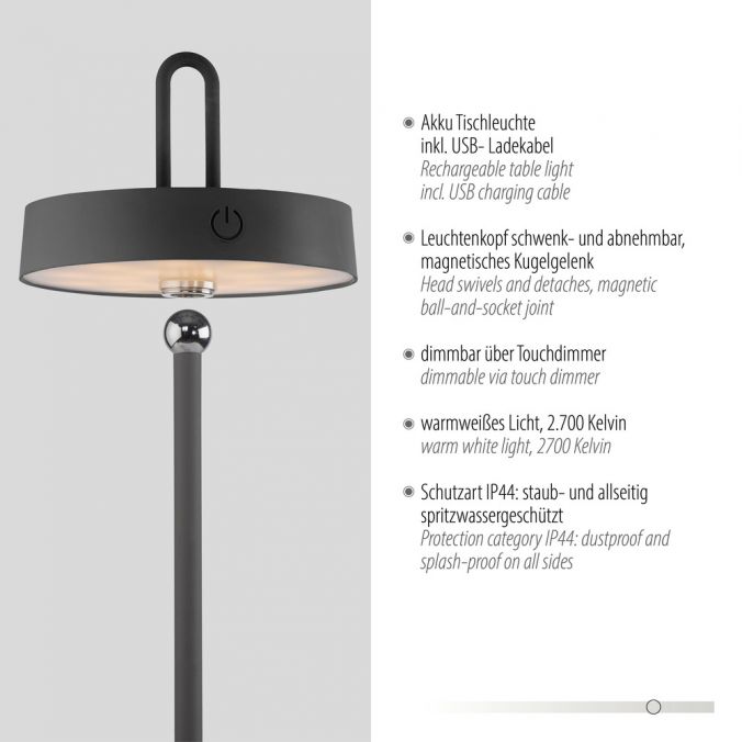Paul Neuhaus LED Tischlampe schwarz Akku Touchdimmer spritzwassergeschützt USB Bis zu 50% Rabatt