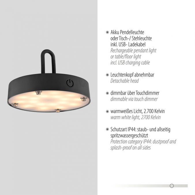 Paul Neuhaus LED Tischleuchte D=25cm schwarz Akkulampe USB IP44 dimmbar per Touch Bis zu 65% Rabatt