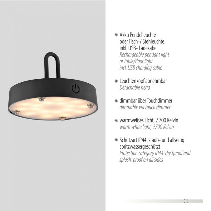 Paul Neuhaus LED Tischleuchte D=46cm schwarz Akkulampe USB IP44 dimmbar per Touch Bis zu 55% Rabatt