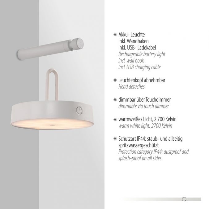 Paul Neuhaus LED Akku Wandleuchte weiß dimmbar per Touch IP44 Memoryfunktion Discount Store für neue Produkte