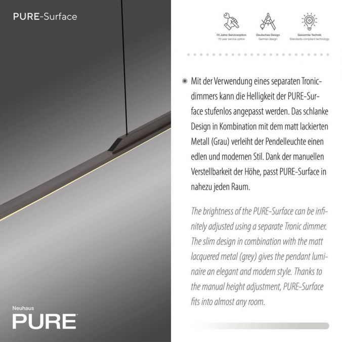 Paul Neuhaus Paul Neuhaus Pendelleuchte PURE Surface grau eloxiert 125x25 höhenverstellbar Fabrikpreis