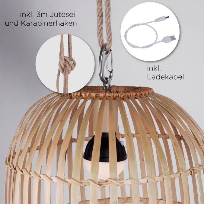 Paul Neuhaus LED-Pendelleuchte, Holzstil, akkubetrieben, IP44, dimmbar, Fernbedienung, warmweiß Saisonschlussverkauf