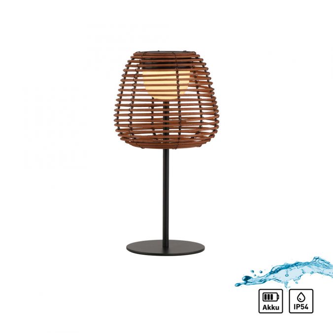 Paul Neuhaus LED Tischleuchte schwarz Rattan Schirm Akku IP54 USB Akku Tastdimmer