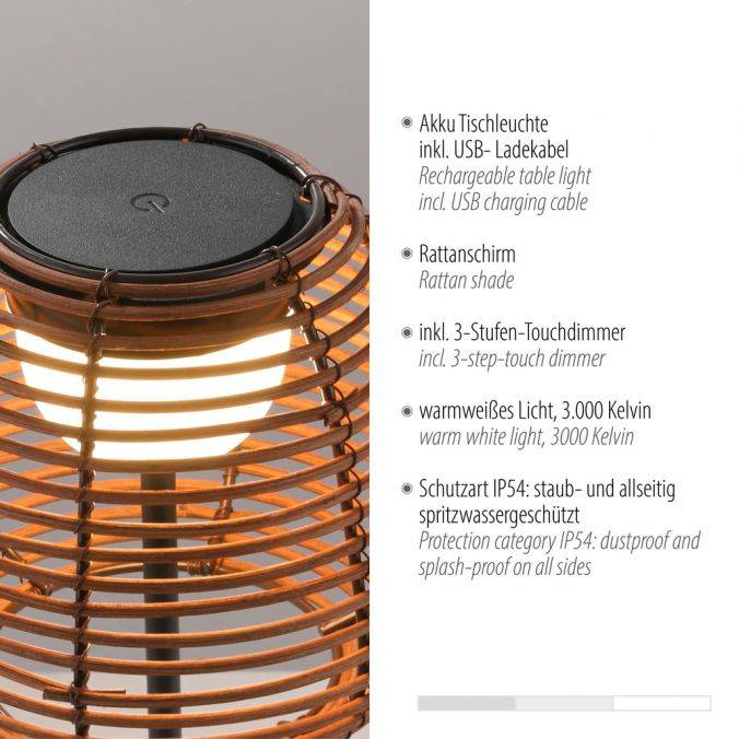 Paul Neuhaus LED Tischleuchte schwarz Rattan Schirm Akku IP54 USB Akku Tastdimmer Valentinstagsangebot
