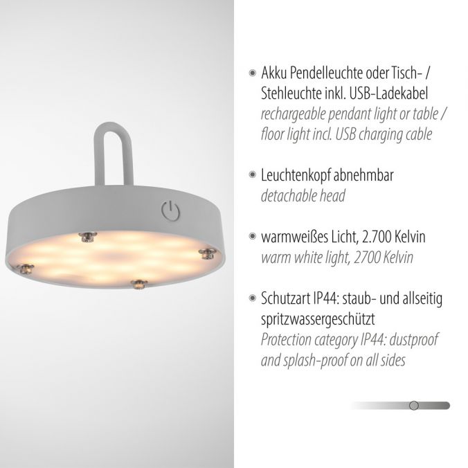 Paul Neuhaus LED Tischleuchte D=25cm greige Akkulampe USB IP44 dimmbar per Touch Lagerräumung