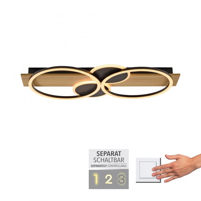 Paul Neuhaus LED Deckenleuchte schwarz mit Holz warmweiß Schlafzimmer Leuchtringe