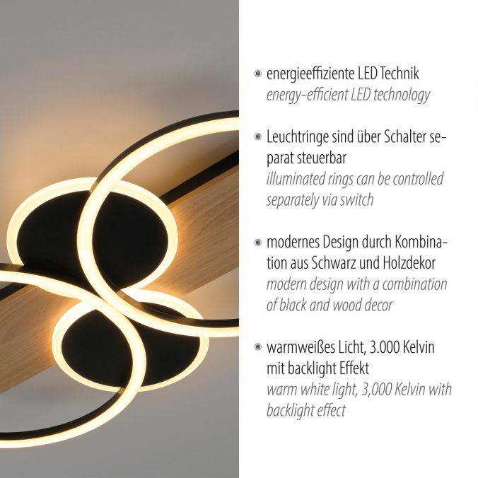 Paul Neuhaus LED Deckenleuchte schwarz mit Holz warmweiß Schlafzimmer Leuchtringe Online Outlet