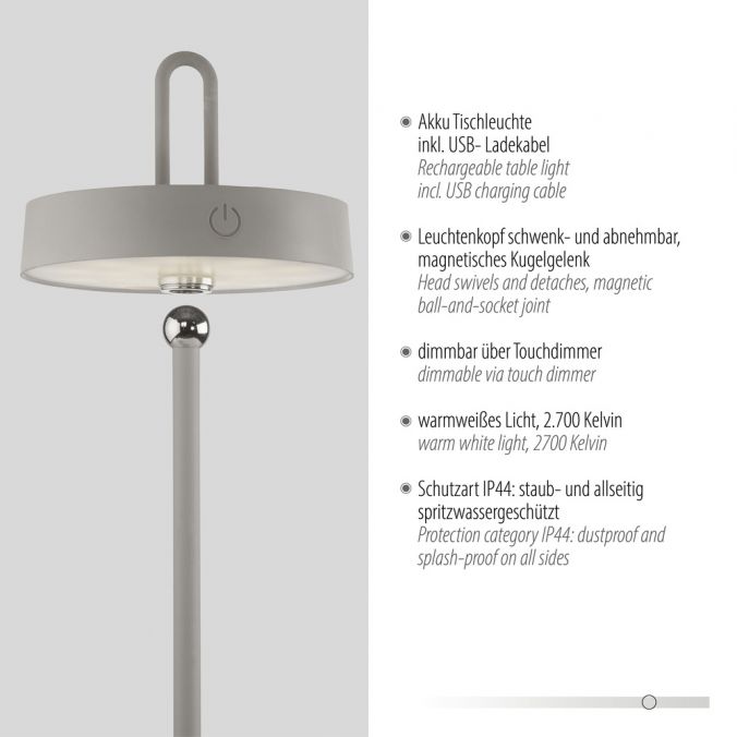Paul Neuhaus LED Tischlampe greige Akku Touchdimmer spritzwassergeschützt USB Super Sparpreis