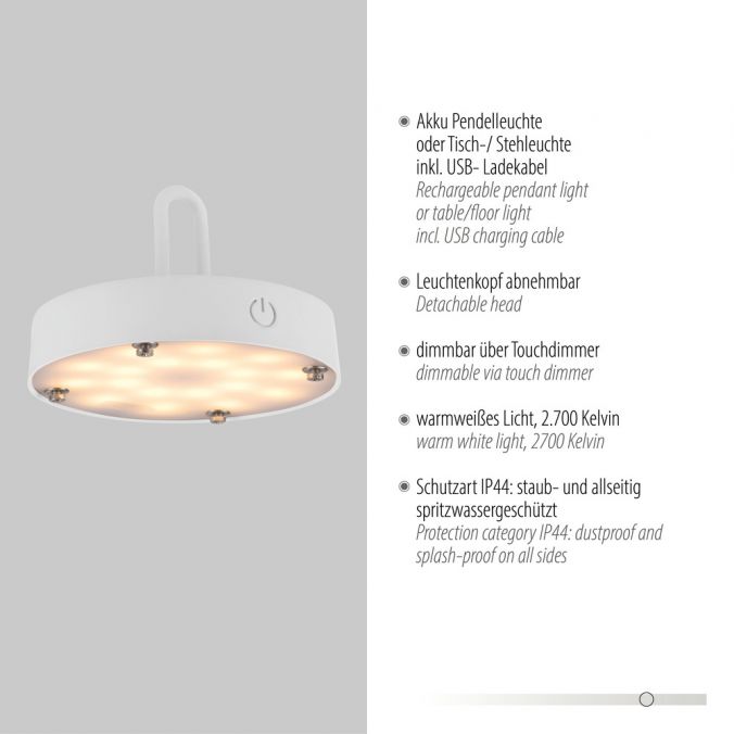 Paul Neuhaus LED Tischleuchte D=25cm weiß Akkulampe USB IP44 dimmbar per Touch Kostenlose Rückgabe