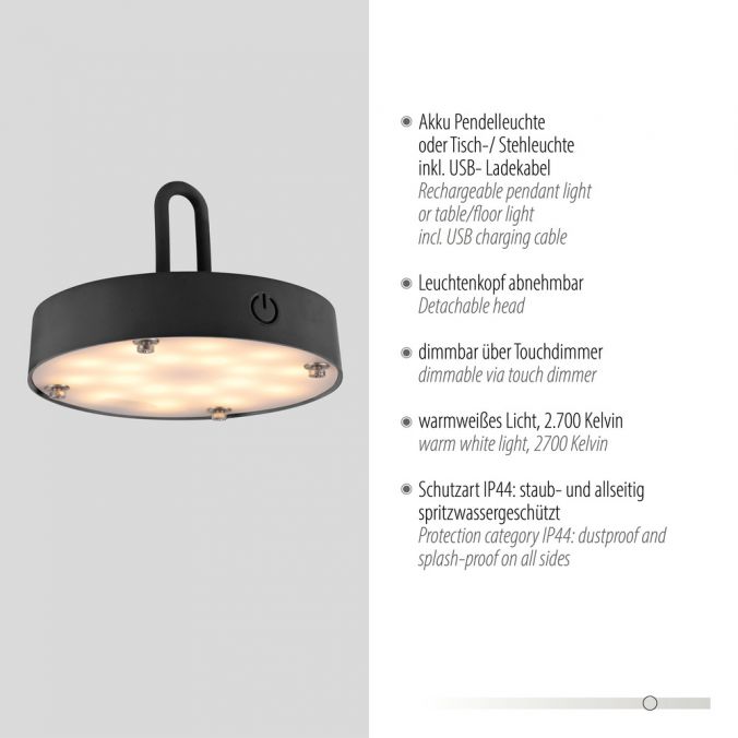 Paul Neuhaus LED Tischleuchte D=36cm schwarz Akkulampe USB IP44 dimmbar per Touch Begrenzte Freigabe