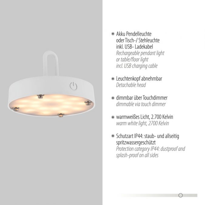 Paul Neuhaus LED Tischleuchte D=46cm weiß Akkulampe USB IP44 dimmbar per Touch Letzter Tag