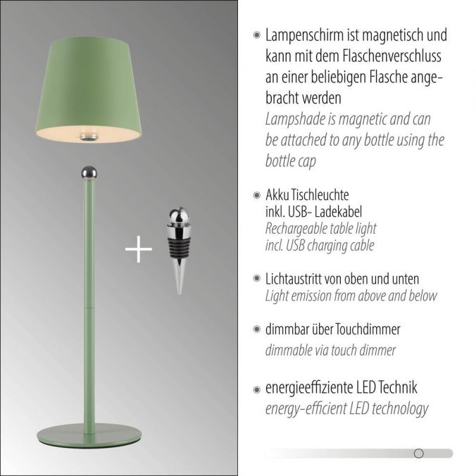 Paul Neuhaus LED Flaschenleuchte grün Akku Touchdimmer USB IP54 Tischleuchte Zeitbegrenzte Promotion