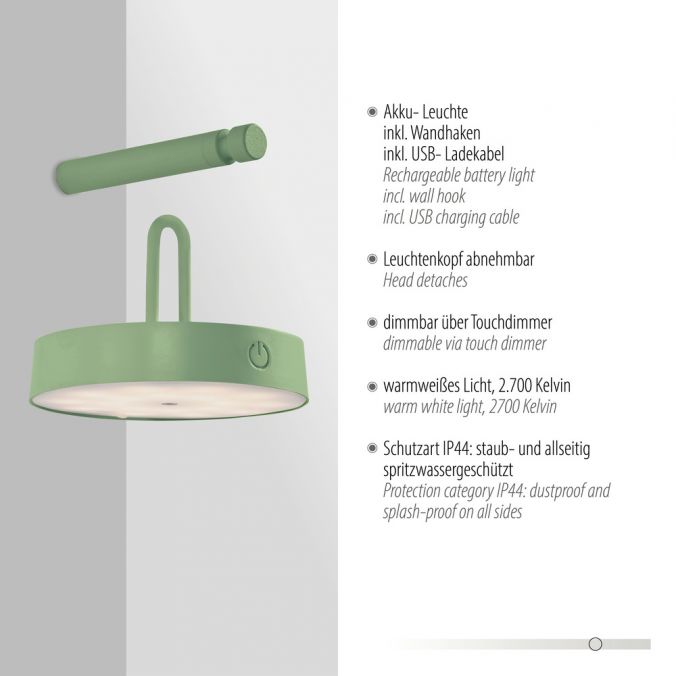 Paul Neuhaus LED Akku Wandleuchte grün dimmbar per Touch IP44 Memoryfunktion Bis zu 60% Rabatt