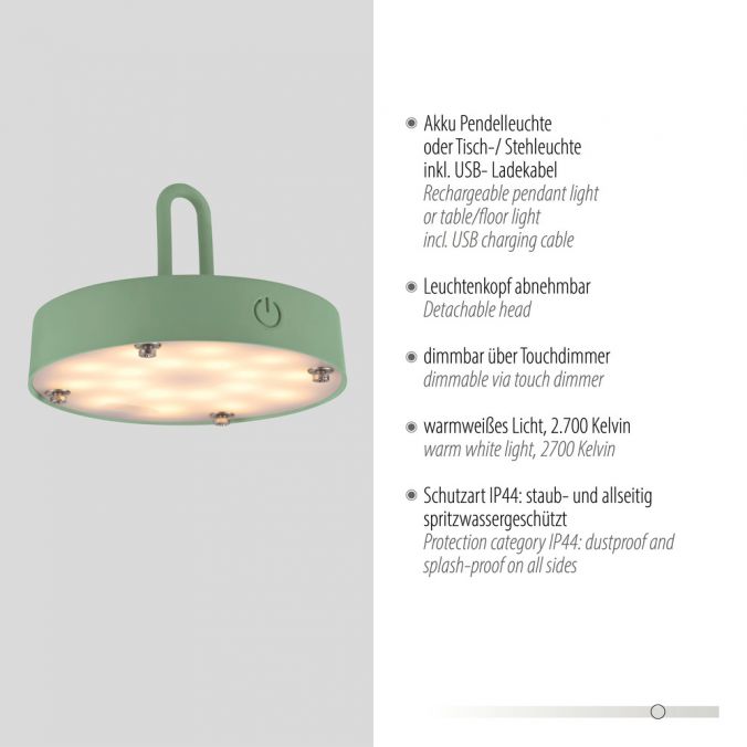Paul Neuhaus LED Tischleuchte D=46cm grün Akkulampe USB IP44 dimmbar per Touch Kauf eins, bekomm eins gratis