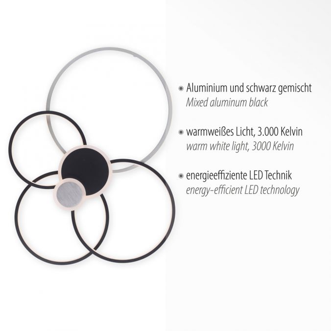 Paul Neuhaus LED Deckenleuchte rund mit 6 Lichtkreisen schwarz aluminium warmweiß Letzte 2 Tage