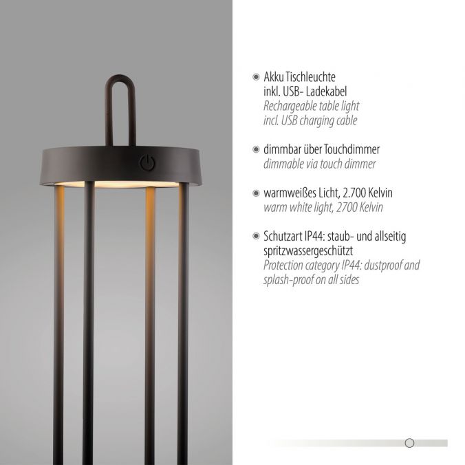 Paul Neuhaus LED Akkulampe Tischleuchte schwarz 50cm Touchdimmer IP44 Gartenleuchte 50% Rabatt mit kostenlosem Versand