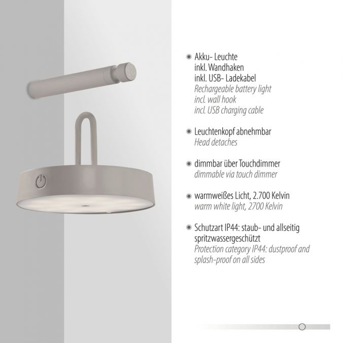Paul Neuhaus LED Akku Wandleuchte greige dimmbar per Touch IP44 Memoryfunktion Fabrikladen