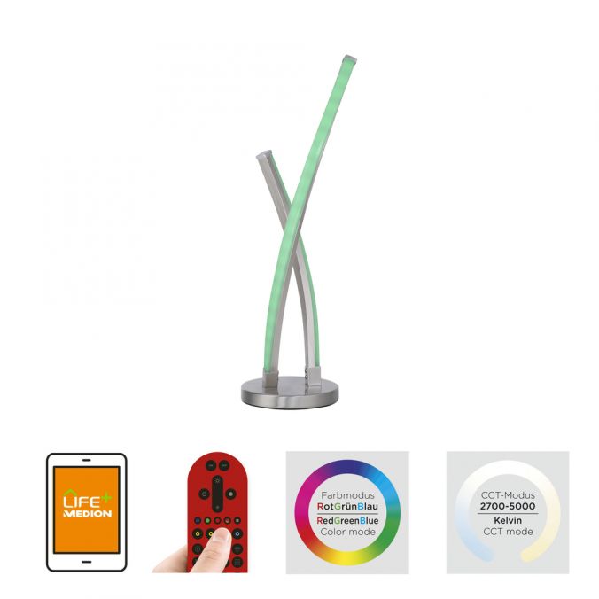 Paul Neuhaus Tischleuchte, stahlfarben, RGB, Fernbedienung, dimmbar, App